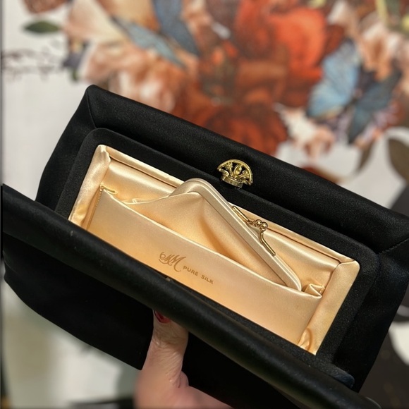 Vintage Art Deco Pure Silk Black Luxury Evening Clutch with Gold Fan Clasp 1950s